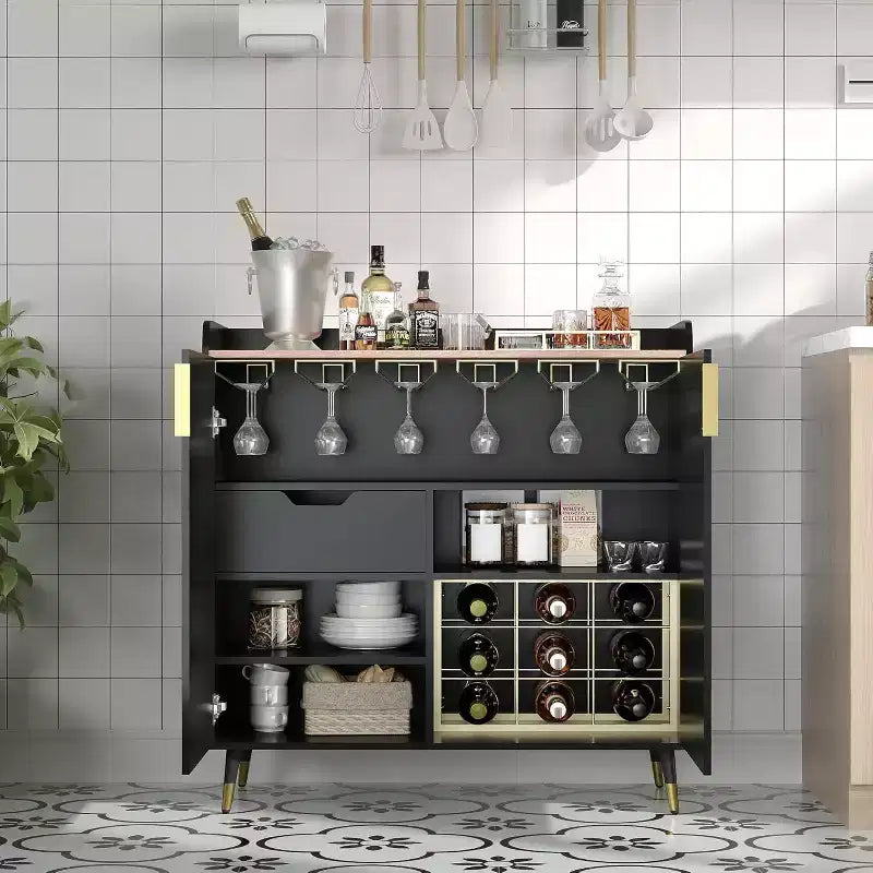 Liquor Cabinet with Wine Racks and Buffet Sideboard, Modern Coffee Bar Cabinet with Fluted Texture and Storage Drawers for Kitchen, Dining Room