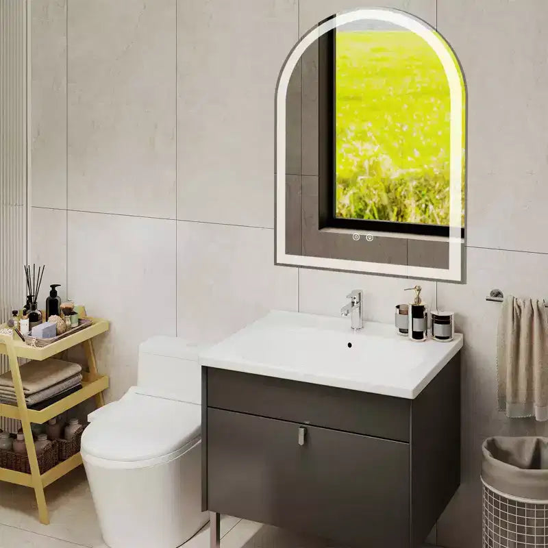 MAYEERTY Miroir de salle de bain arqué à LED 20x28 pouces avec chargement, anti-buée, intensité variable 3 couleurs et double éclairage à mémoire