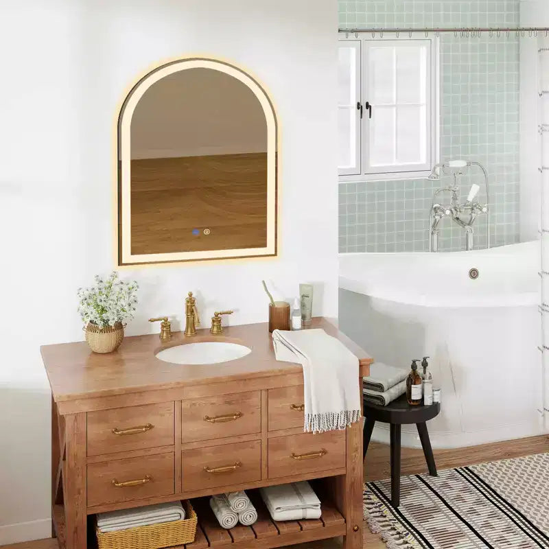 MAYEERTY Miroir de salle de bain arqué à LED 20x28 pouces avec chargement, anti-buée, intensité variable 3 couleurs et double éclairage à mémoire