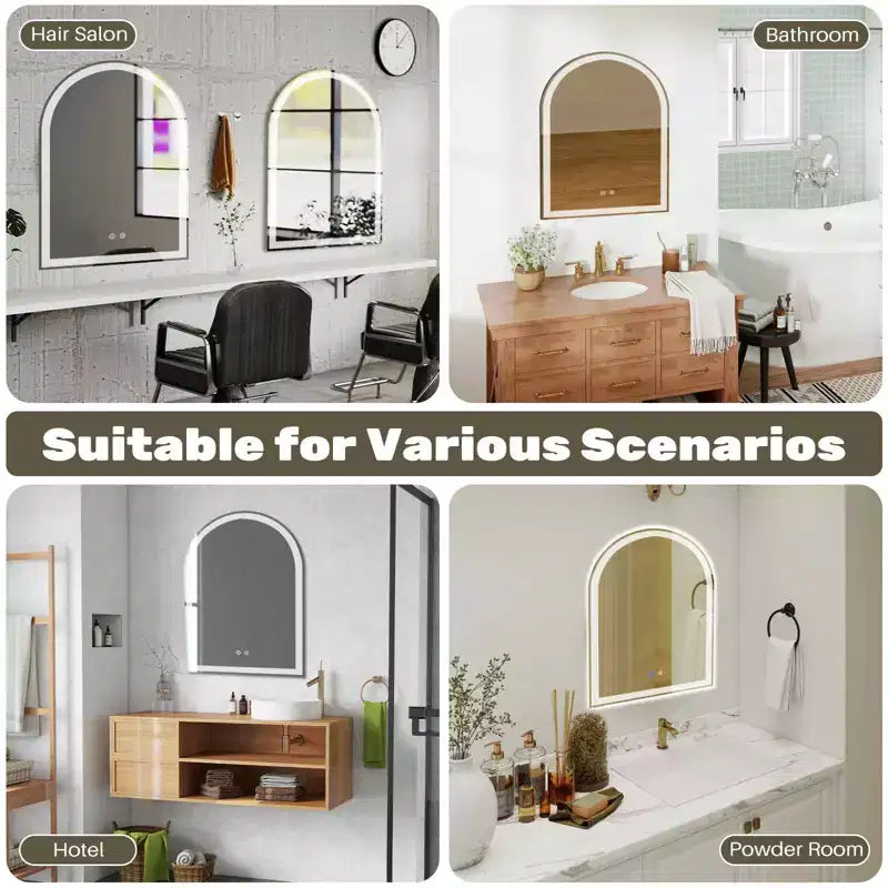 MAYEERTY Miroir de salle de bain arqué à LED 20x28 pouces avec chargement, anti-buée, intensité variable 3 couleurs et double éclairage à mémoire