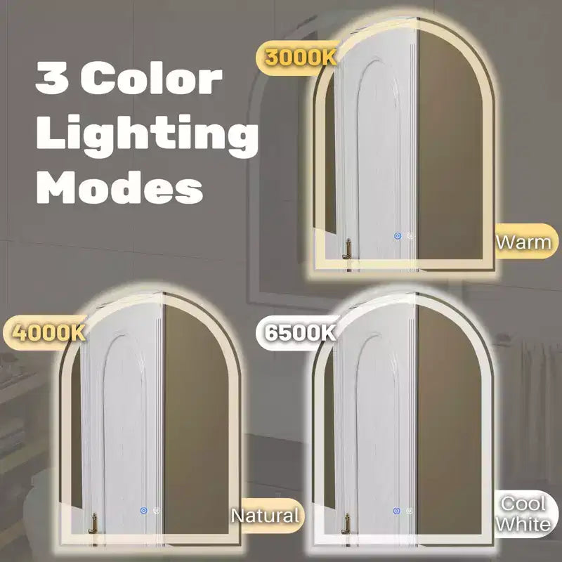 MAYEERTY Miroir de salle de bain arqué à LED 20x28 pouces avec chargement, anti-buée, intensité variable 3 couleurs et double éclairage à mémoire