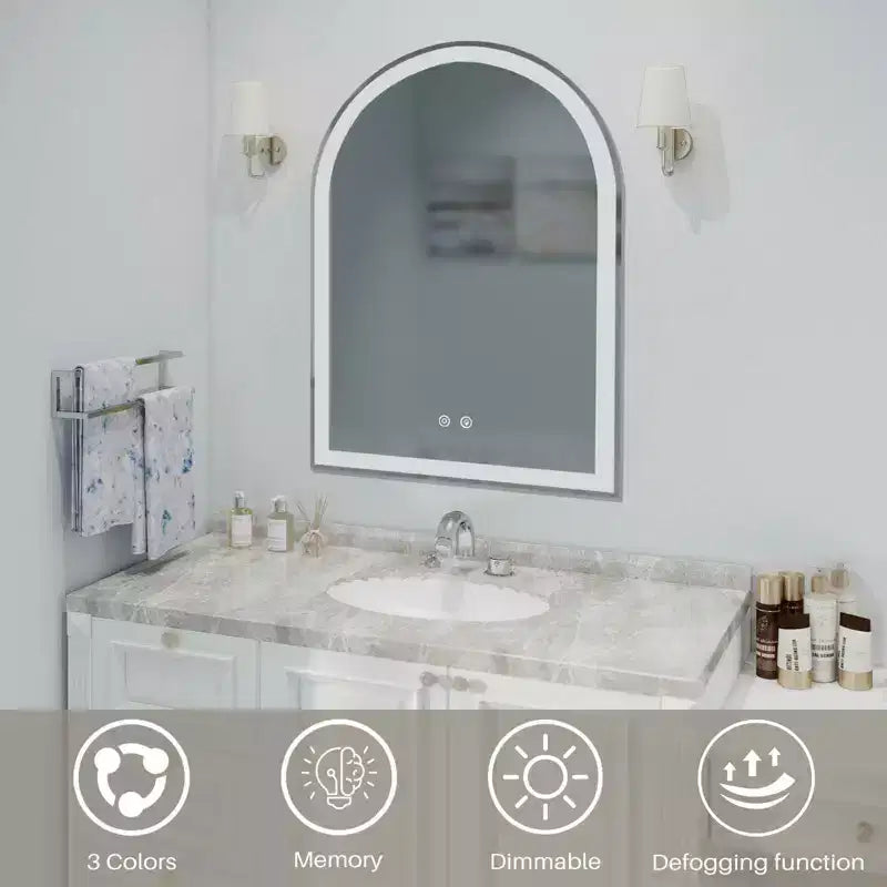 MAYEERTY Miroir de salle de bain arqué à LED 20x28 pouces avec chargement, anti-buée, intensité variable 3 couleurs et double éclairage à mémoire