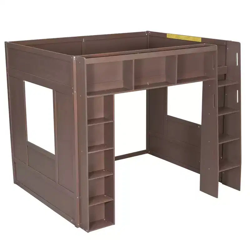 Lit mezzanine double Whisen en bois avec armoires de rangement et étagères