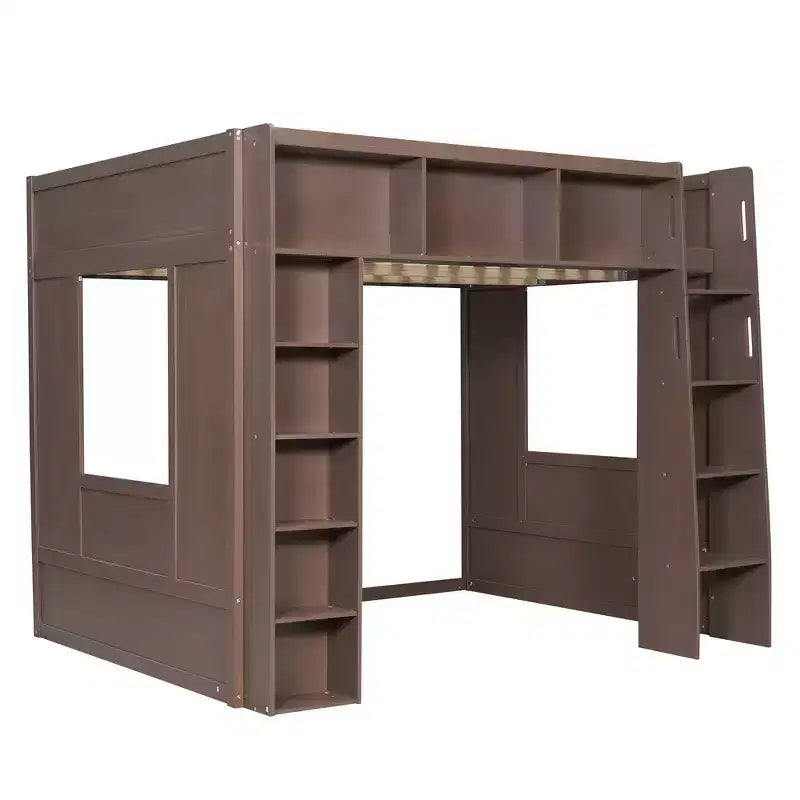 Lit mezzanine double Whisen en bois avec armoires de rangement et étagères