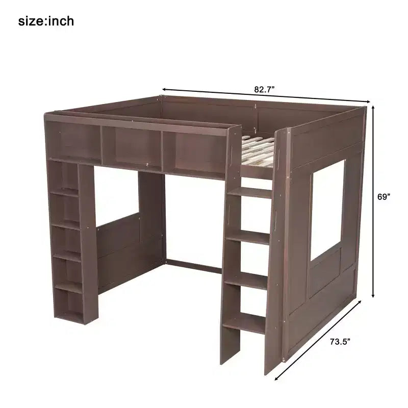 Lit mezzanine double Whisen en bois avec armoires de rangement et étagères