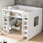 Lit mezzanine double Whisen en bois avec armoires de rangement et étagères