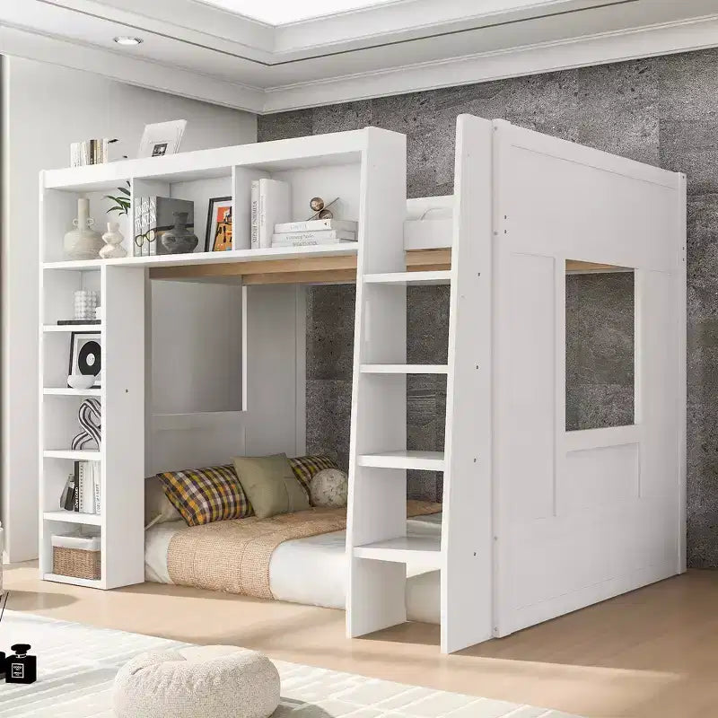Lit mezzanine double Whisen en bois avec armoires de rangement et étagères