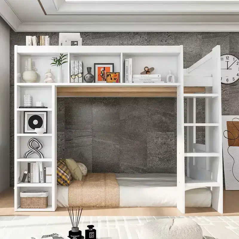 Lit mezzanine double Whisen en bois avec armoires de rangement et étagères