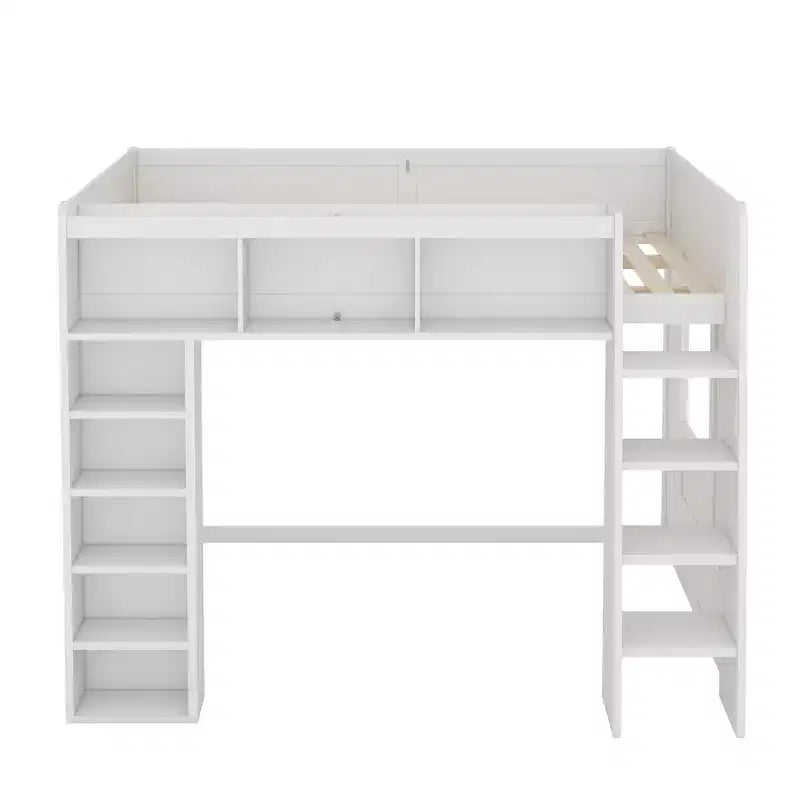 Lit mezzanine double Whisen en bois avec armoires de rangement et étagères