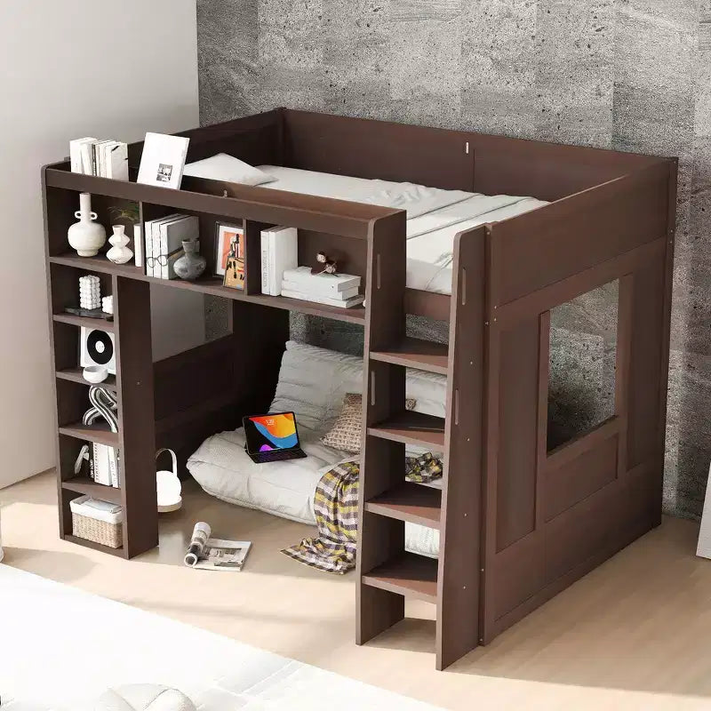 Lit mezzanine double Whisen en bois avec armoires de rangement et étagères