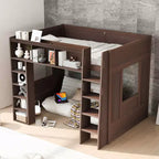 Lit mezzanine double Whisen en bois avec armoires de rangement et étagères
