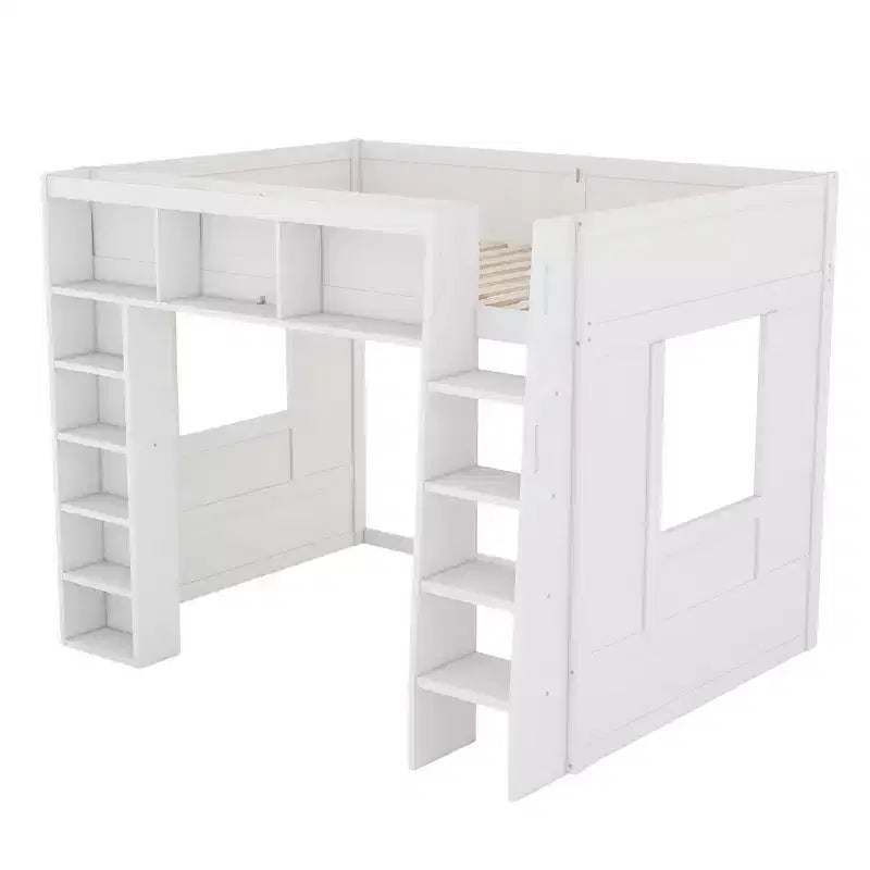 Lit mezzanine double Whisen en bois avec armoires de rangement et étagères