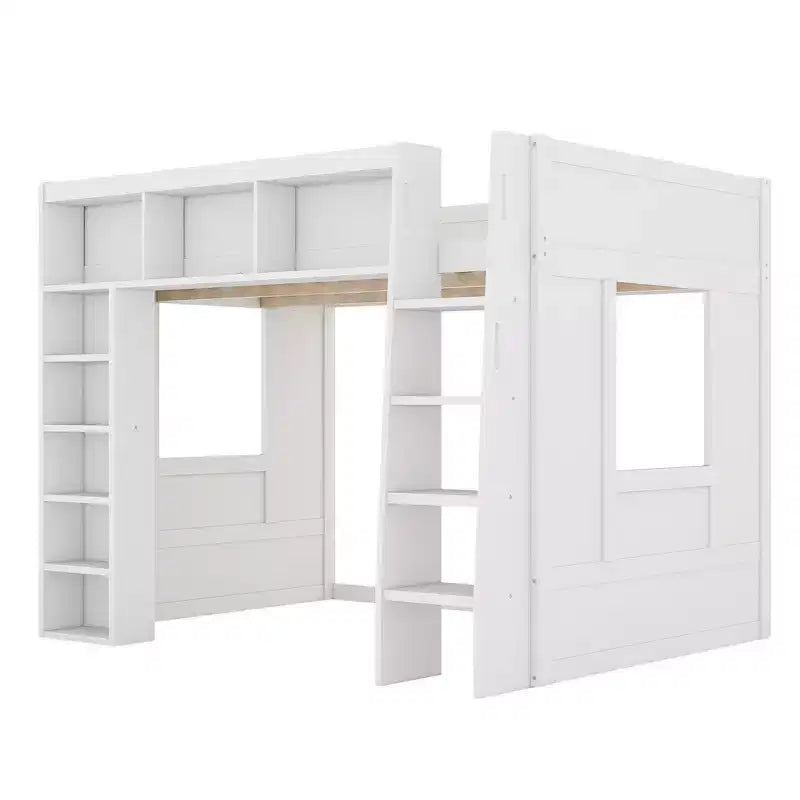 Lit mezzanine double Whisen en bois avec armoires de rangement et étagères