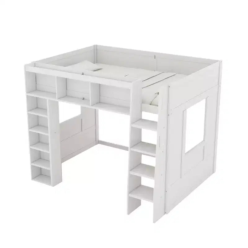 Lit mezzanine double Whisen en bois avec armoires de rangement et étagères