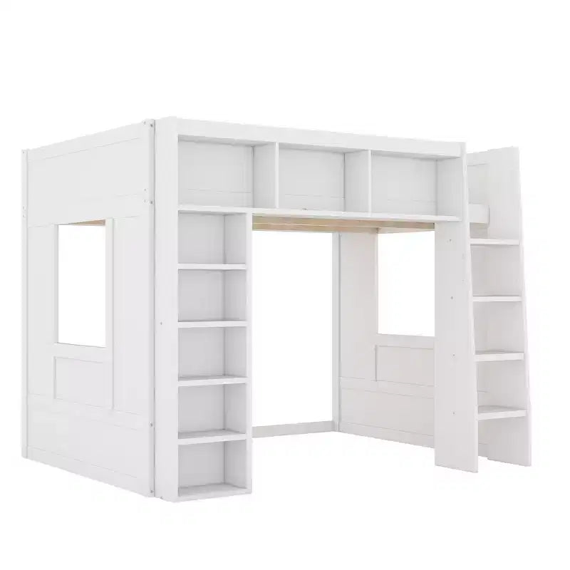 Lit mezzanine double Whisen en bois avec armoires de rangement et étagères