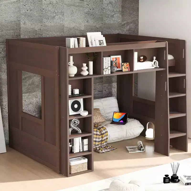 Lit mezzanine double Whisen en bois avec armoires de rangement et étagères