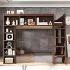 Lit mezzanine double Whisen en bois avec armoires de rangement et étagères