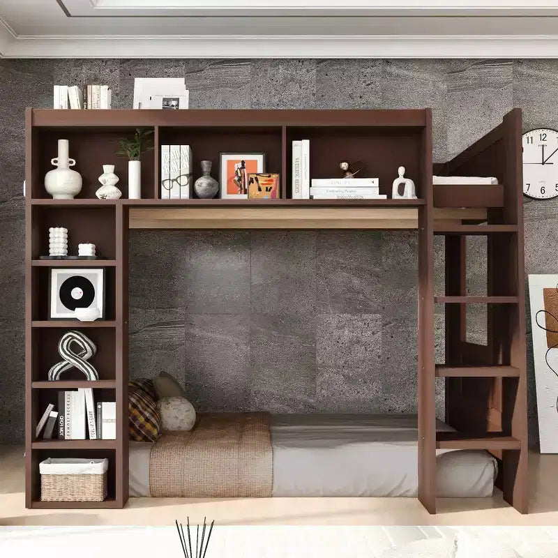 Lit mezzanine double Whisen en bois avec armoires de rangement et étagères