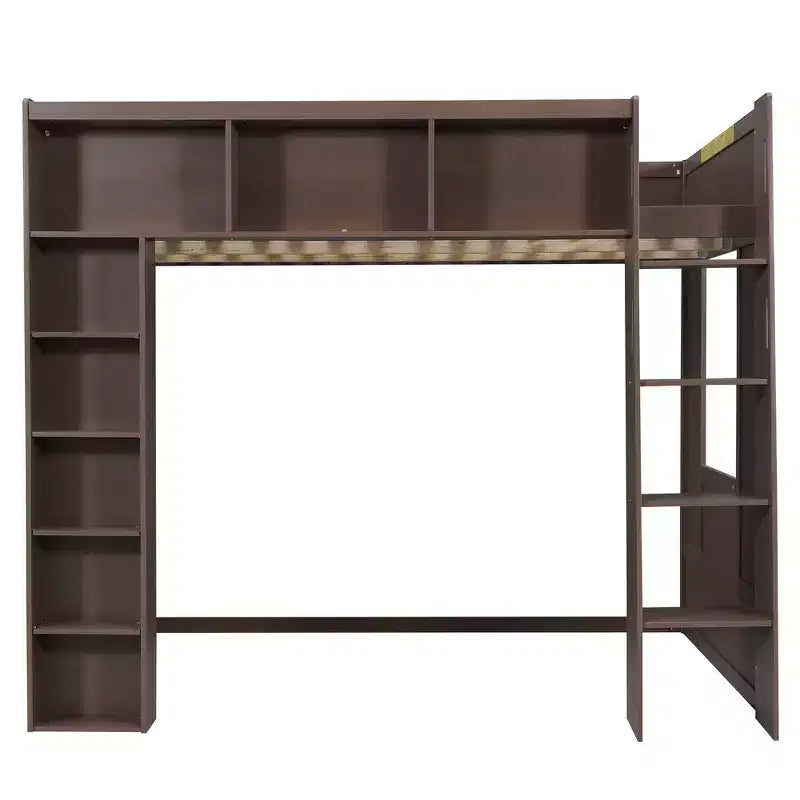 Lit mezzanine double Whisen en bois avec armoires de rangement et étagères
