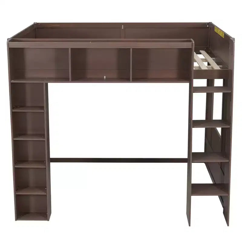 Lit mezzanine double Whisen en bois avec armoires de rangement et étagères