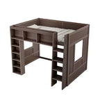 Lit mezzanine double Whisen en bois avec armoires de rangement et étagères