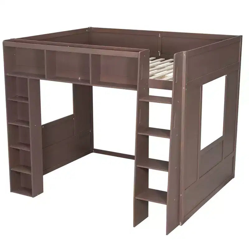 Lit mezzanine double Whisen en bois avec armoires de rangement et étagères