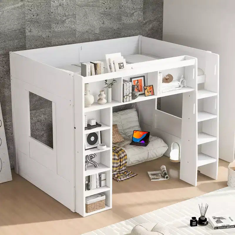 Lit mezzanine double Whisen en bois avec armoires de rangement et étagères