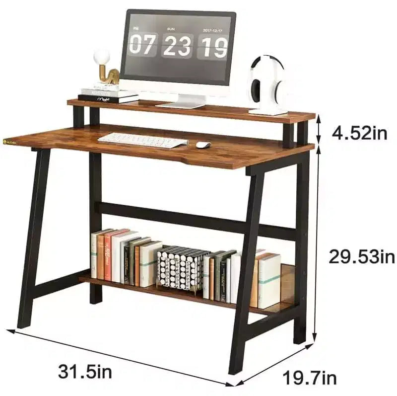 Bureau d'ordinateur Bureau d'angle PC portable table de bureau avec étagères Table de travail à 2 niveaux avec support de moniteur Table d'ordinateur portable pour petites pièces, maison