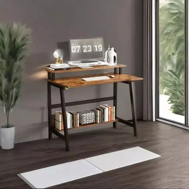 Bureau d'ordinateur Bureau d'angle PC portable table de bureau avec étagères Table de travail à 2 niveaux avec support de moniteur Table d'ordinateur portable pour petites pièces, maison