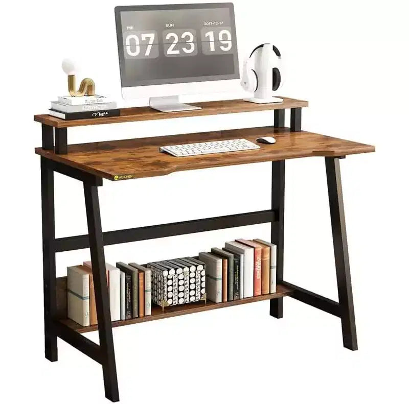 Bureau d'ordinateur Bureau d'angle PC portable table de bureau avec étagères Table de travail à 2 niveaux avec support de moniteur Table d'ordinateur portable pour petites pièces, maison