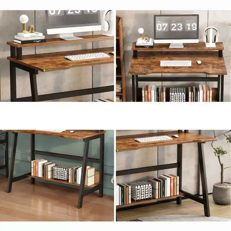 Bureau d'ordinateur Bureau d'angle PC portable table de bureau avec étagères Table de travail à 2 niveaux avec support de moniteur Table d'ordinateur portable pour petites pièces, maison