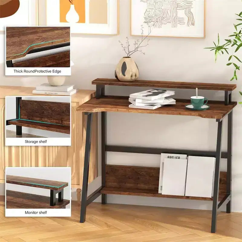 Bureau d'ordinateur Bureau d'angle PC portable table de bureau avec étagères Table de travail à 2 niveaux avec support de moniteur Table d'ordinateur portable pour petites pièces, maison