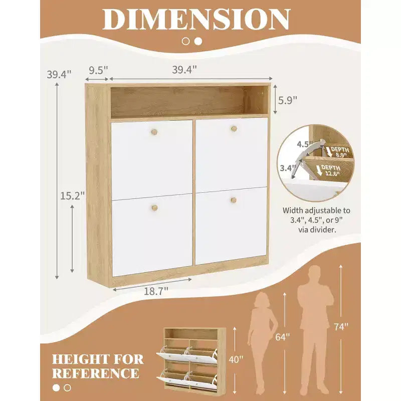 COZONY Meuble à Chaussures Étroit 4 Tiroirs Basculants - Organisateur en Bois avec Étagère Ouverte pour Chaussons, Baskets, Talons, Entrée, Couloir, Porches
