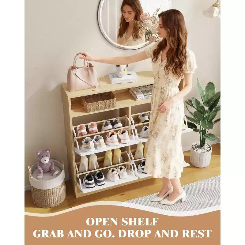COZONY Meuble à Chaussures Étroit 4 Tiroirs Basculants - Organisateur en Bois avec Étagère Ouverte pour Chaussons, Baskets, Talons, Entrée, Couloir, Porches