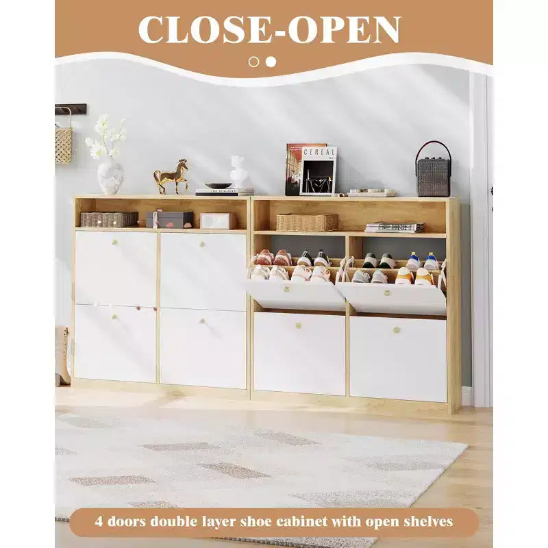 COZONY Meuble à Chaussures Étroit 4 Tiroirs Basculants - Organisateur en Bois avec Étagère Ouverte pour Chaussons, Baskets, Talons, Entrée, Couloir, Porches