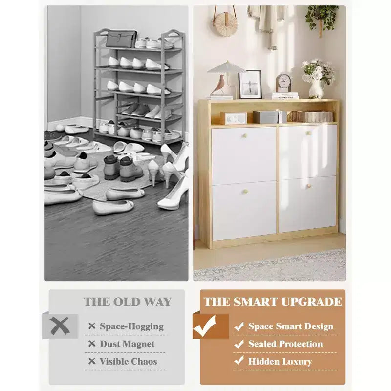 COZONY Meuble à Chaussures Étroit 4 Tiroirs Basculants - Organisateur en Bois avec Étagère Ouverte pour Chaussons, Baskets, Talons, Entrée, Couloir, Porches