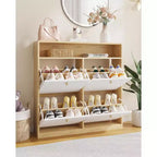 COZONY Meuble à Chaussures Étroit 4 Tiroirs Basculants - Organisateur en Bois avec Étagère Ouverte pour Chaussons, Baskets, Talons, Entrée, Couloir, Porches