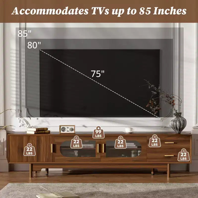 Meuble TV moderne cannelé pour téléviseurs jusqu'à 85 pouces, meuble de divertissement en bois de 78 pouces avec armoire de rangement et 2 tiroirs, console TV pour salon et chambre à coucher