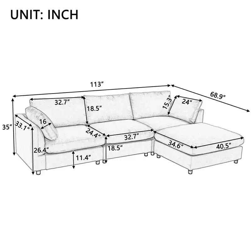 Canapé d'angle convertible en L avec pouf, canapé rembourré 3-4 places pour salon d'appartement