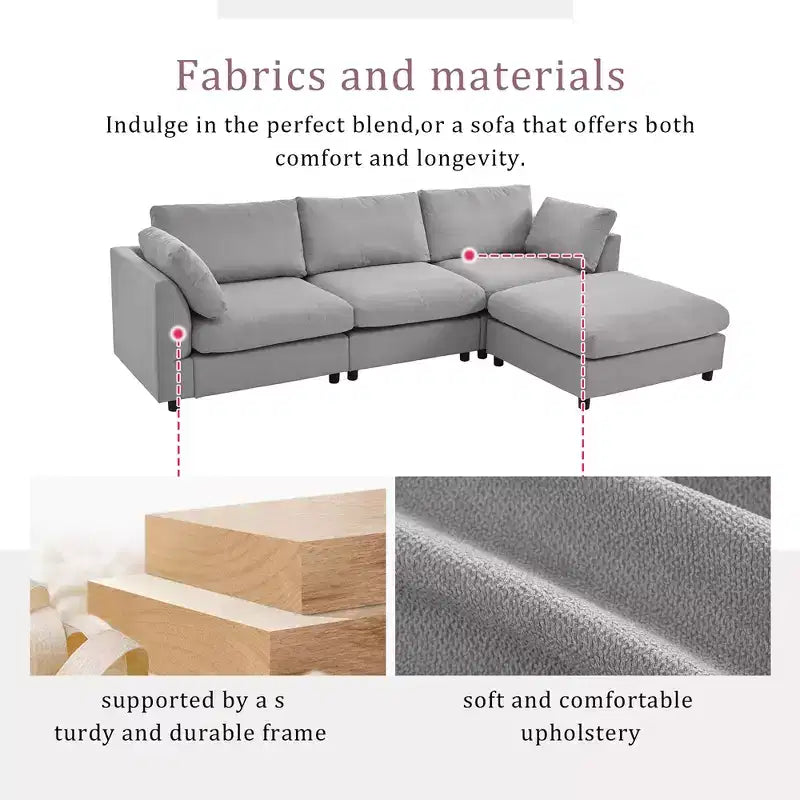 Canapé d'angle convertible en L avec pouf, canapé rembourré 3-4 places pour salon d'appartement