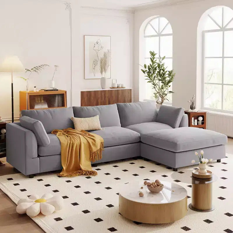 Canapé d'angle convertible en L avec pouf, canapé rembourré 3-4 places pour salon d'appartement