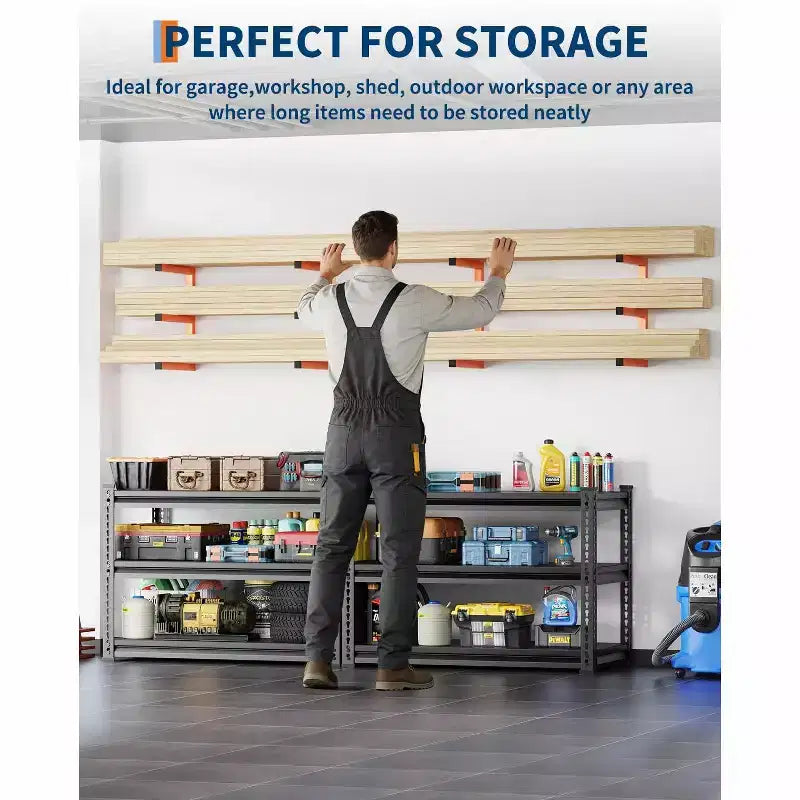 Range de stockage de bois, Organisateur de bois Lot de 6 étagères murales à 3 niveaux en acier robuste capacité 1800 livres pour abri de jardin atelier garage Orange