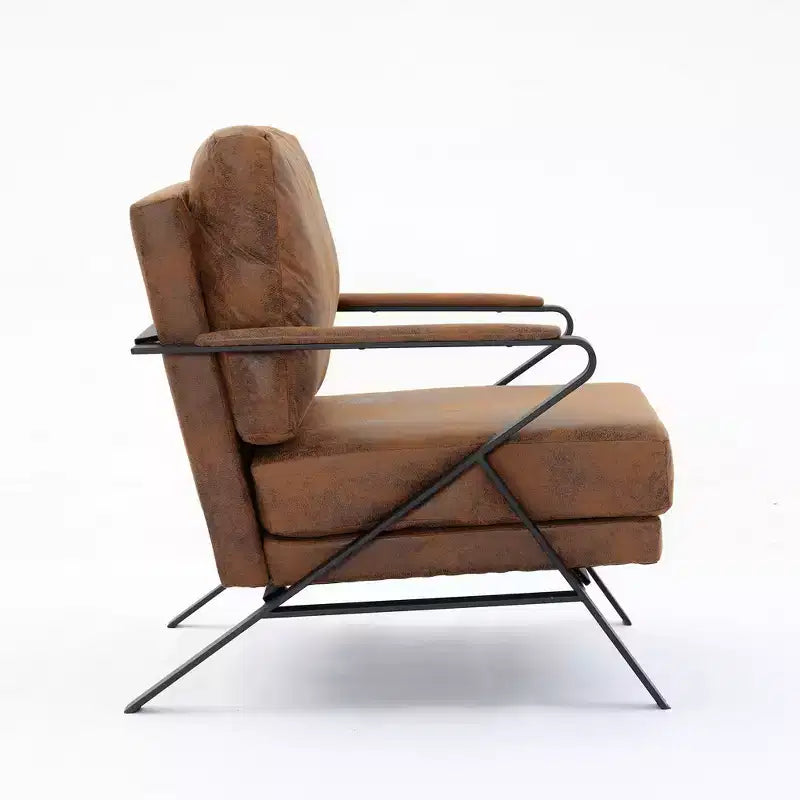 Fauteuil d'appoint Okak de style Mid-Century avec cadre en fer, fauteuil de lecture rembourré avec coussin épais, fauteuil pour salon, chambre, marron