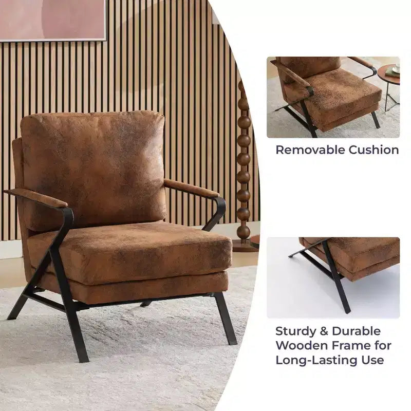 Fauteuil d'appoint Okak de style Mid-Century avec cadre en fer, fauteuil de lecture rembourré avec coussin épais, fauteuil pour salon, chambre, marron