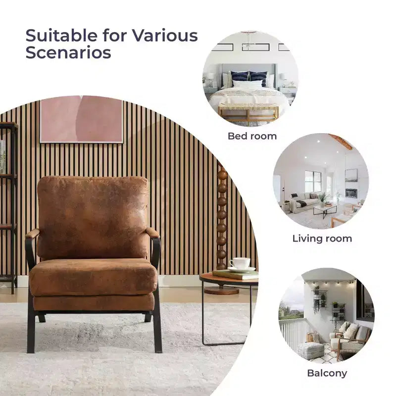 Fauteuil d'appoint Okak de style Mid-Century avec cadre en fer, fauteuil de lecture rembourré avec coussin épais, fauteuil pour salon, chambre, marron