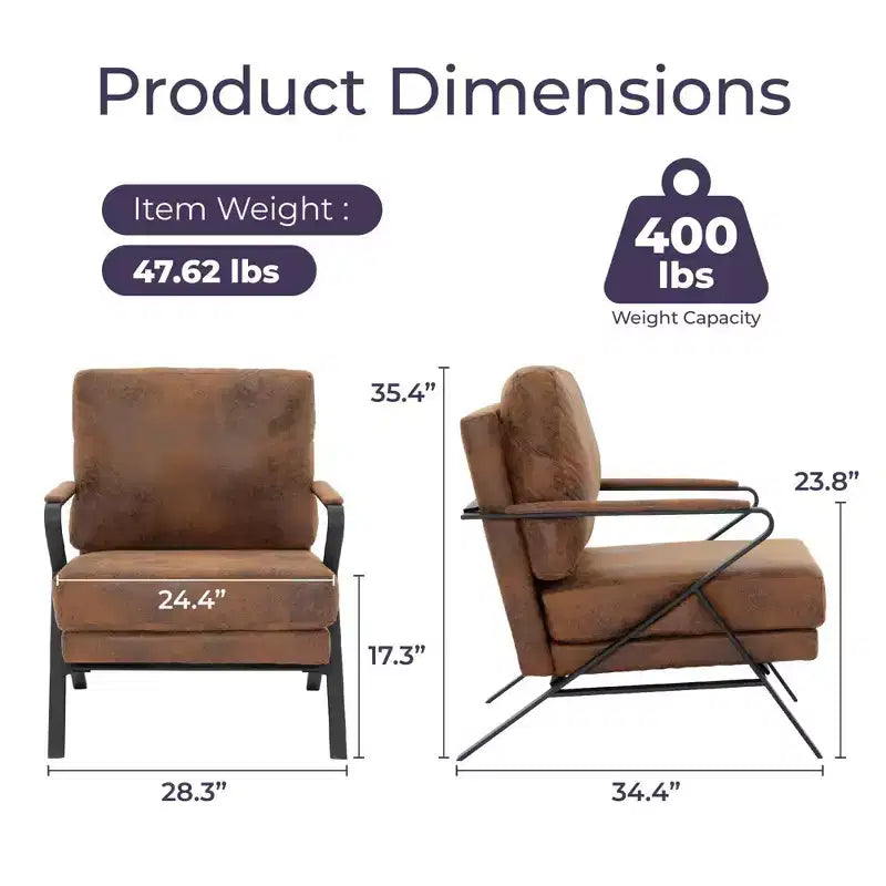 Fauteuil d'appoint Okak de style Mid-Century avec cadre en fer, fauteuil de lecture rembourré avec coussin épais, fauteuil pour salon, chambre, marron