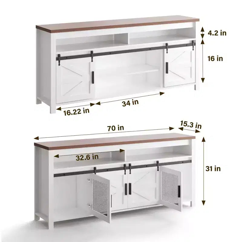 Meuble TV de ferme pour téléviseur de plus de 75 pouces, meuble de divertissement de 70 pouces avec armoires de rangement et porte coulissante de style grange, console multimédia pour salon