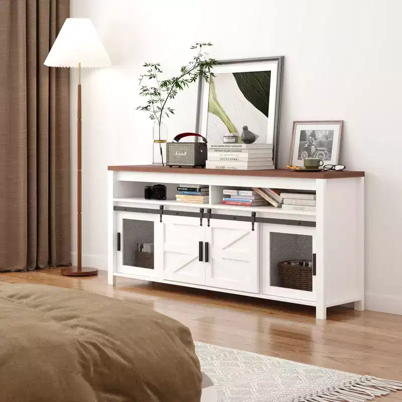 Meuble TV de ferme pour téléviseur de plus de 75 pouces, meuble de divertissement de 70 pouces avec armoires de rangement et porte coulissante de style grange, console multimédia pour salon