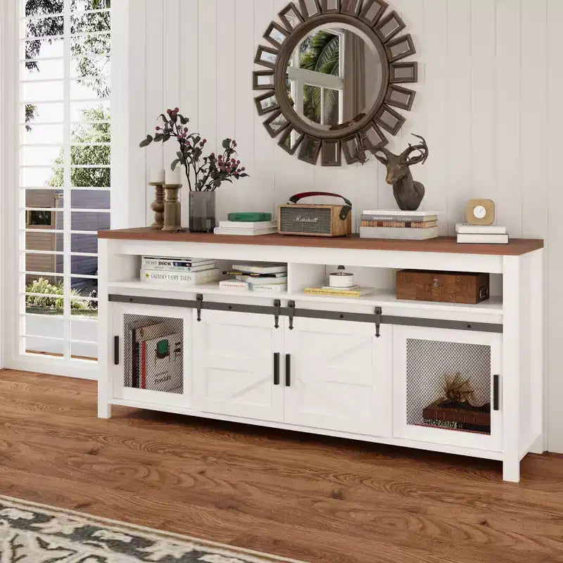Meuble TV de ferme pour téléviseur de plus de 75 pouces, meuble de divertissement de 70 pouces avec armoires de rangement et porte coulissante de style grange, console multimédia pour salon