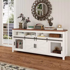 Meuble TV de ferme pour téléviseur de plus de 75 pouces, meuble de divertissement de 70 pouces avec armoires de rangement et porte coulissante de style grange, console multimédia pour salon